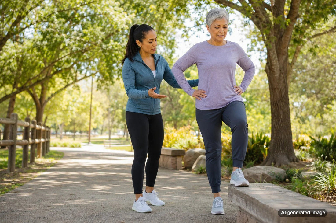 Active senior practicing balance exercises outdoors in a natural setting