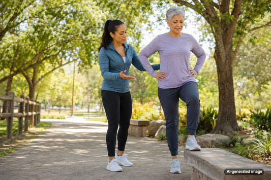 Active senior practicing balance exercises outdoors in a natural setting