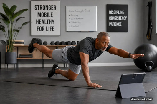 Adult performing a no-situp core exercise for strength and stability