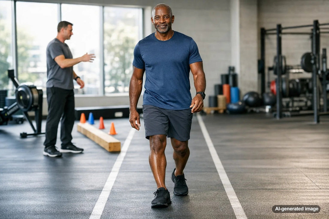 Adult practicing walking gait and balance exercises
