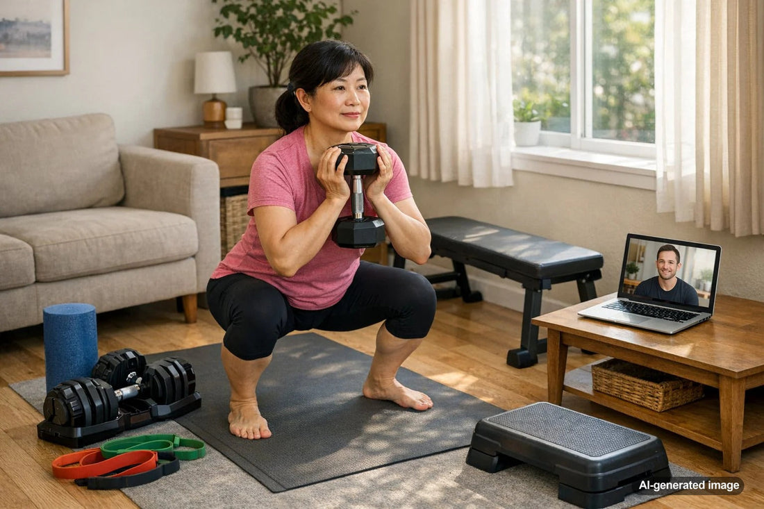 Compact home gym setup with strength and mobility equipment