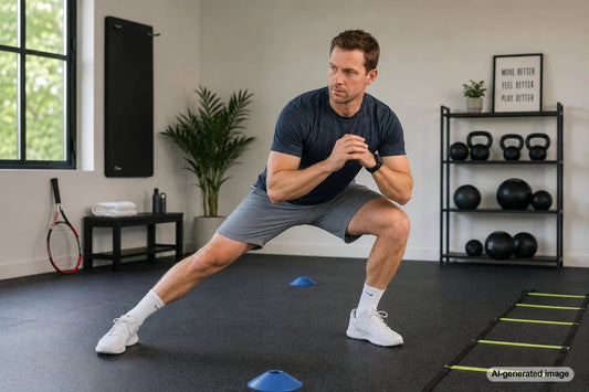 Tennis player practicing controlled lower body movement on a court