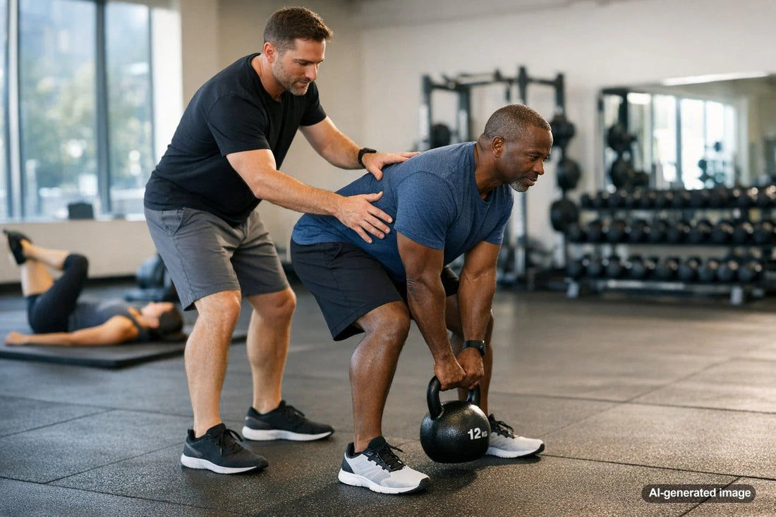 Personal trainer guiding an adult through back-friendly strength training
