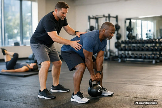 Personal trainer guiding an adult through back-friendly strength training