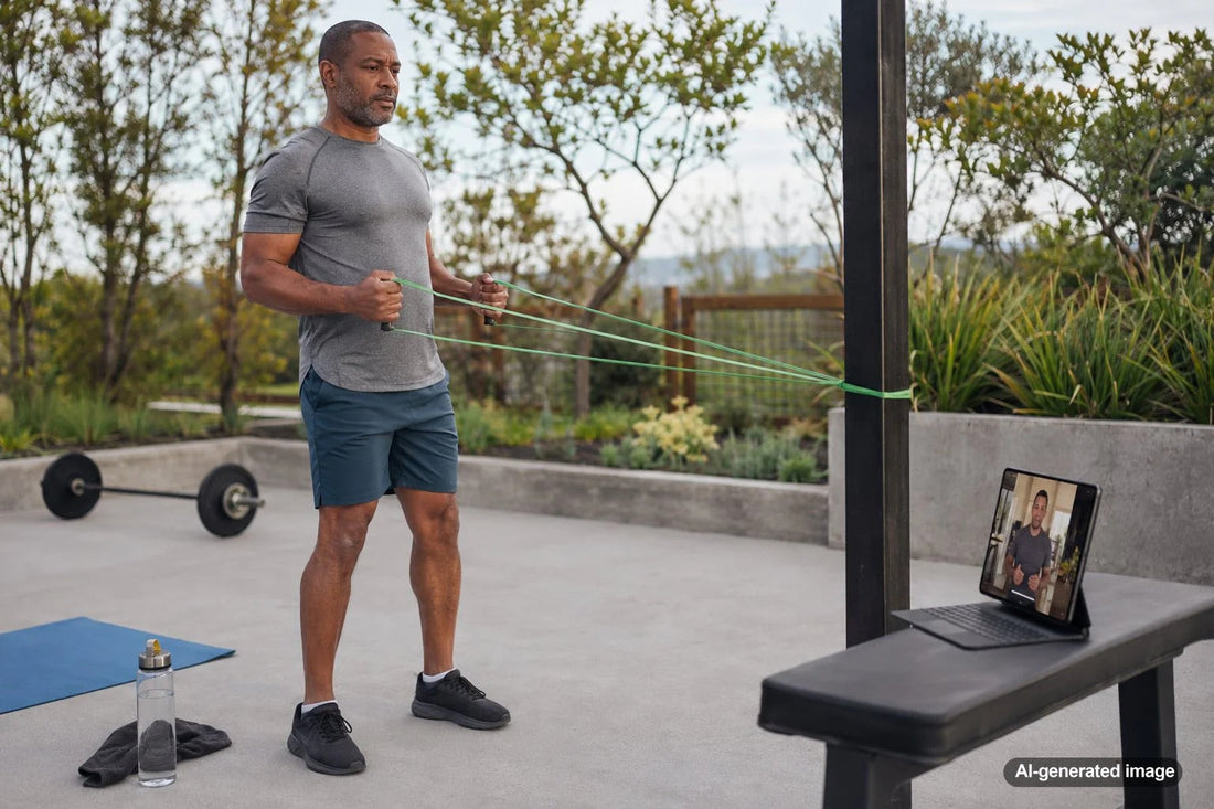 Adult following an online personal training workout at home