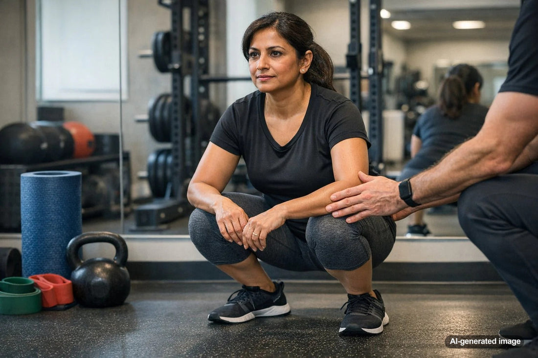 Person practicing a controlled squat for knee-friendly strength training