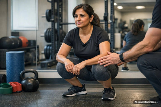 Person practicing a controlled squat for knee-friendly strength training