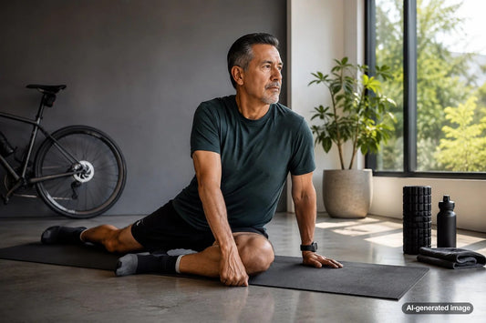 Cyclist stretching hips after a ride