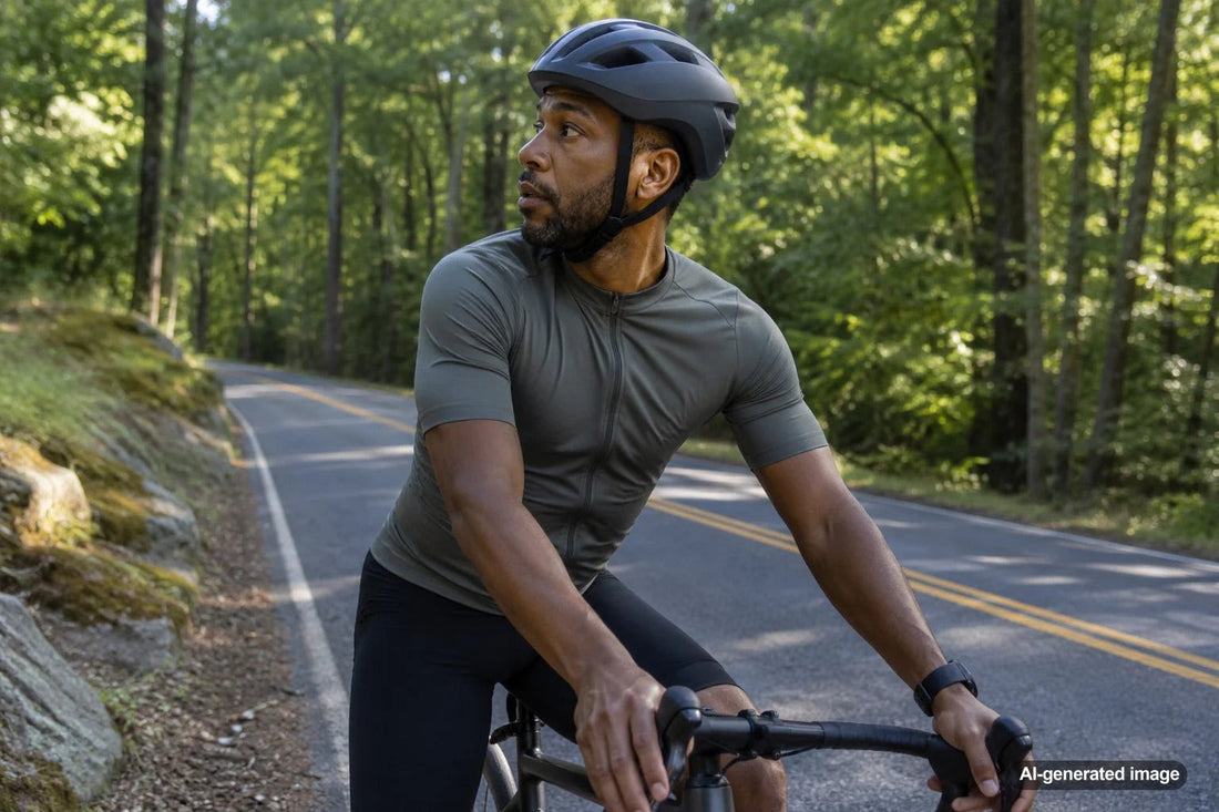 Cyclist improving neck mobility for safer visibility while riding