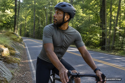 Cyclist improving neck mobility for safer visibility while riding