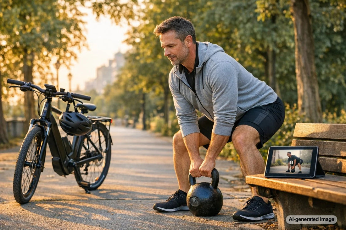 Cyclist training outdoors with strength training support for better riding
