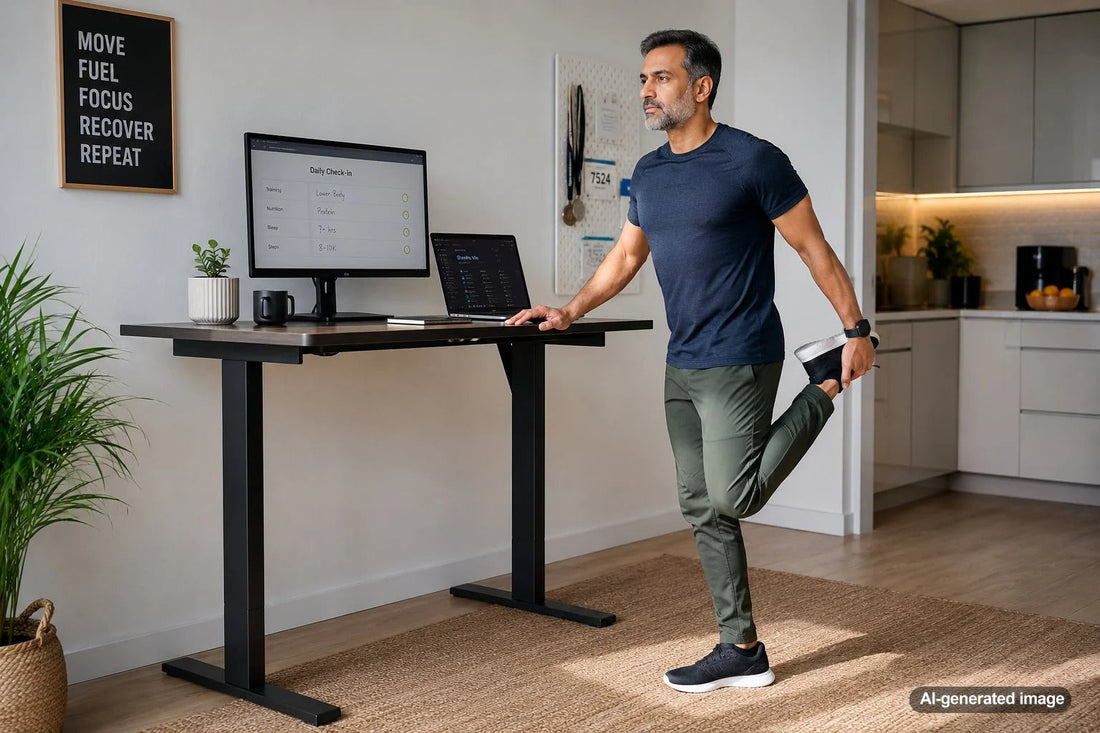 Person doing desk exercises beside a workstation