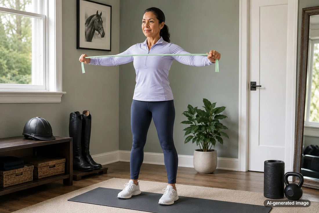 Equestrian rider practicing posture and mobility exercises for rounded shoulders