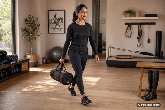 Adult rider doing fitness training to support strength and mobility for equestrian longevity