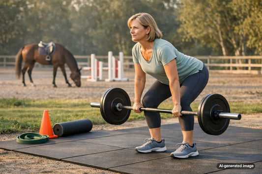 Equestrian rider practicing jumping form with posterior chain strength focus