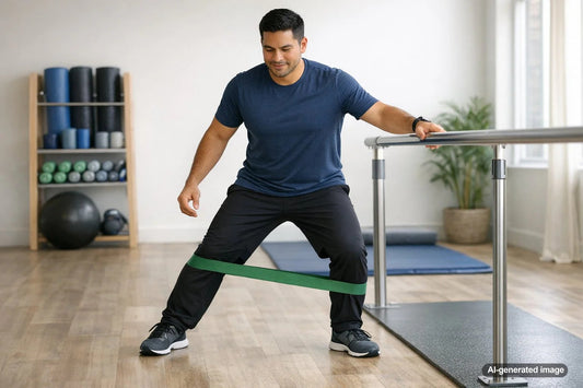 Adult practicing supported stability exercises after a hip replacement