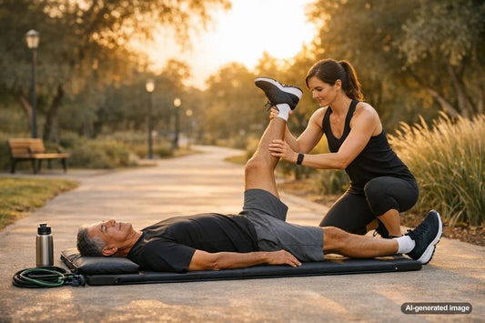 Active adult receiving assisted fascial stretch therapy
