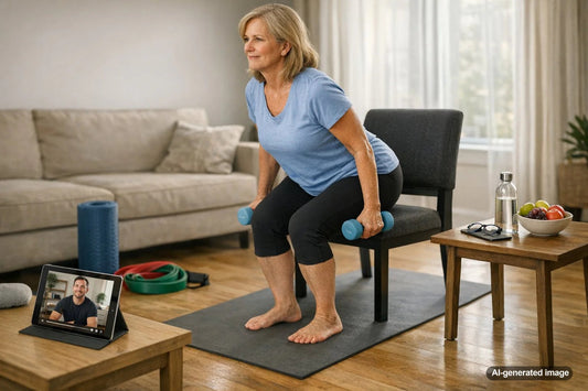 Senior adult practicing functional fitness at home