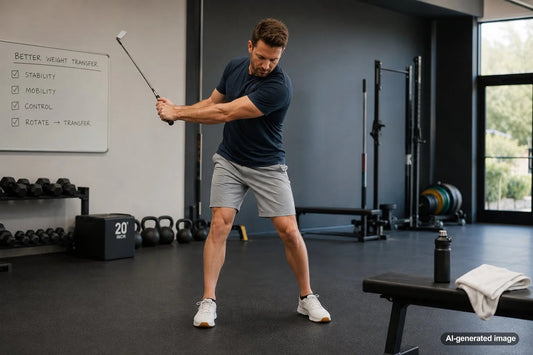 Golfer practicing a balanced weight transfer during the swing