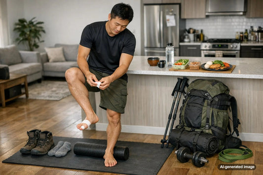 Hiker preparing feet and gear for a multi-day hiking trip
