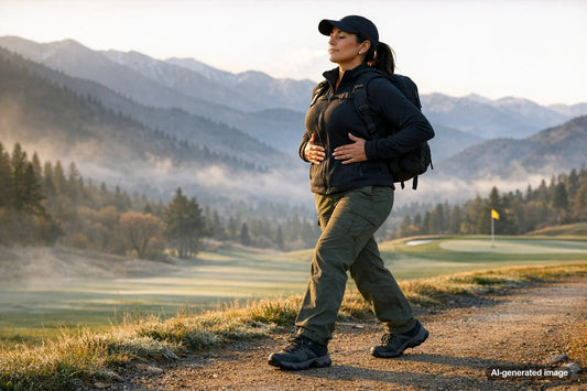 Hiker with a pack breathing steadily on a high altitude trail