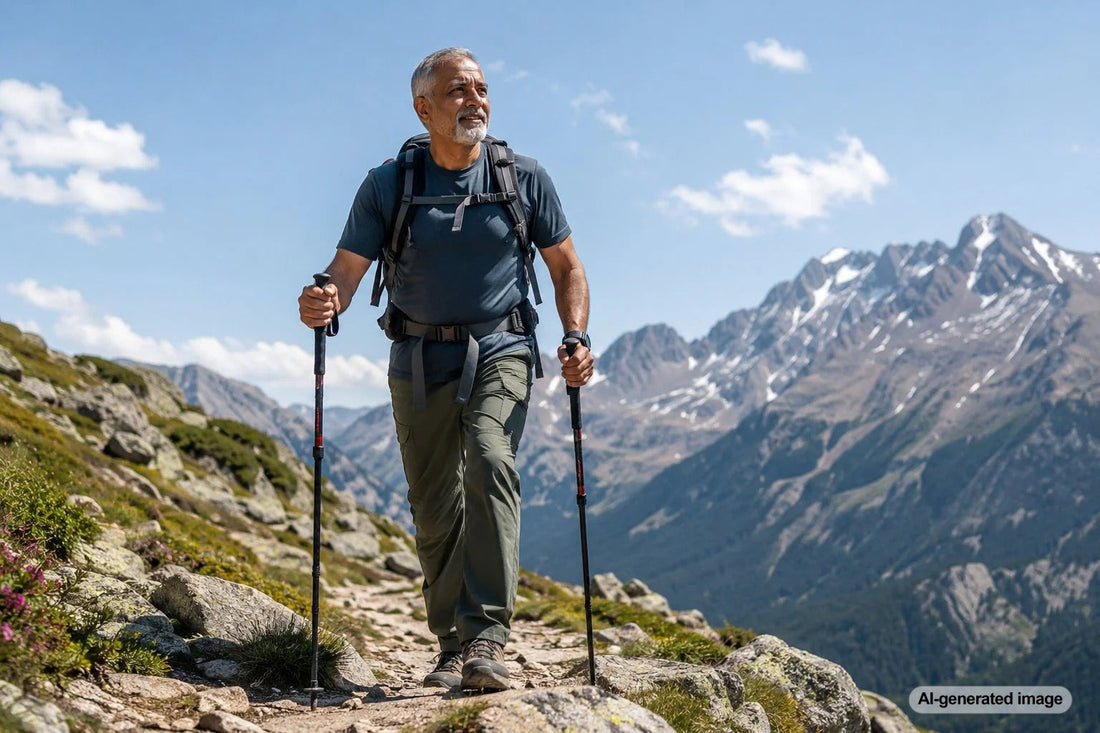 Hiker using trekking poles on an outdoor trail