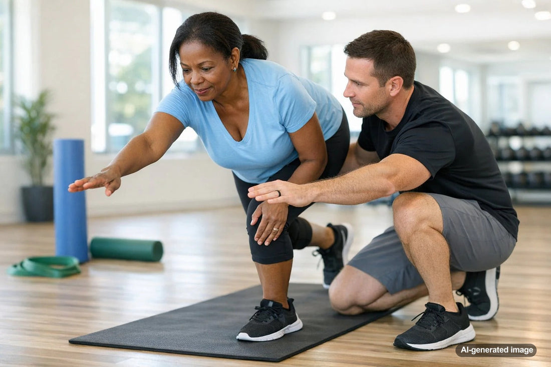 Personal trainer guiding a client through safe recovery-focused exercise