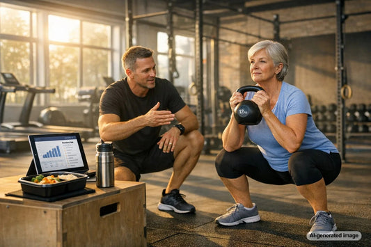 Personal trainer coaching an adult client during a strength workout