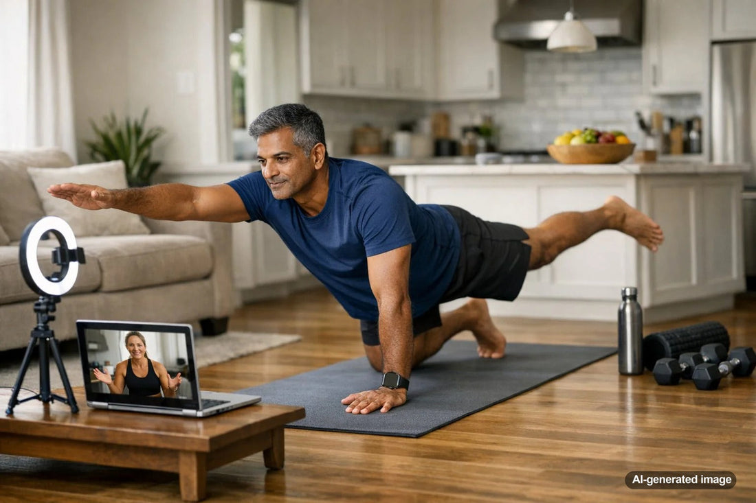 Coach leading an online personal training session for adults