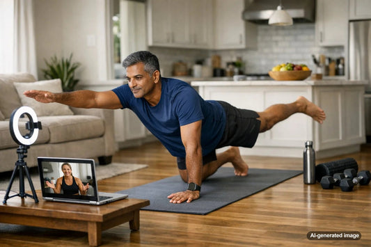 Coach leading an online personal training session for adults