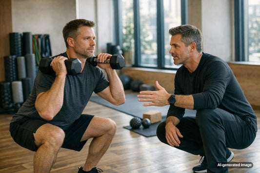Man balancing strength training and cardio in a gym
