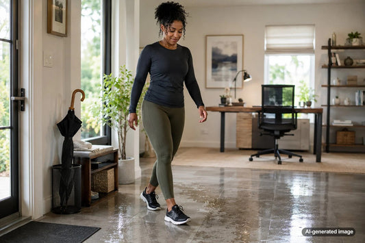 Adult walking carefully on a wet surface with steady posture