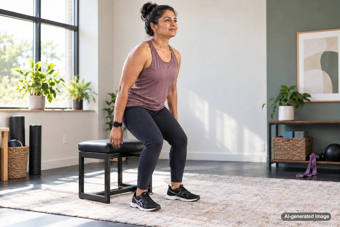 Adult practicing strength for getting up from a low chair