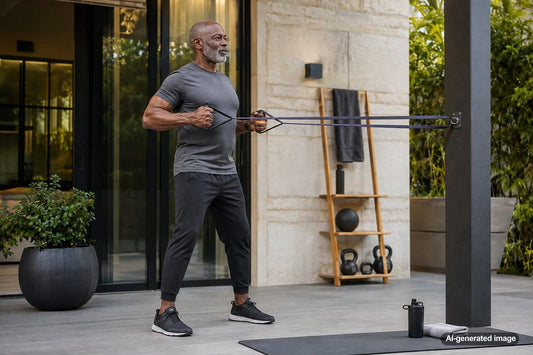 Adult building upper-body strength with a controlled pressing exercise
