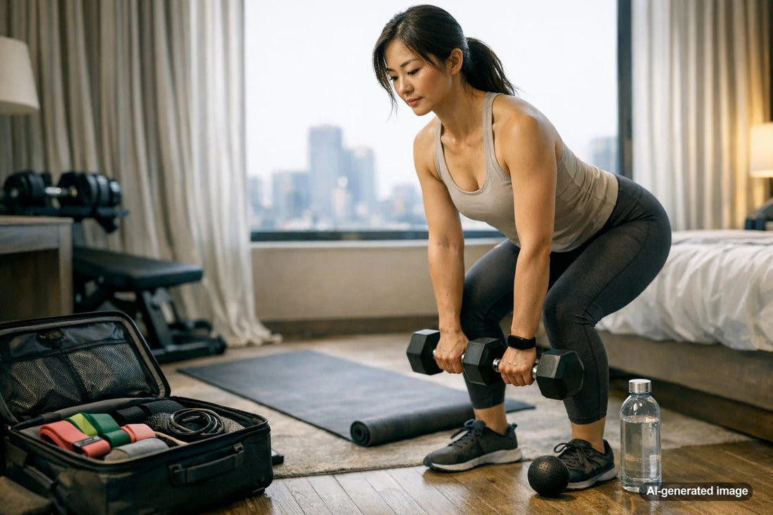 Traveler stretching and training with a simple workout setup