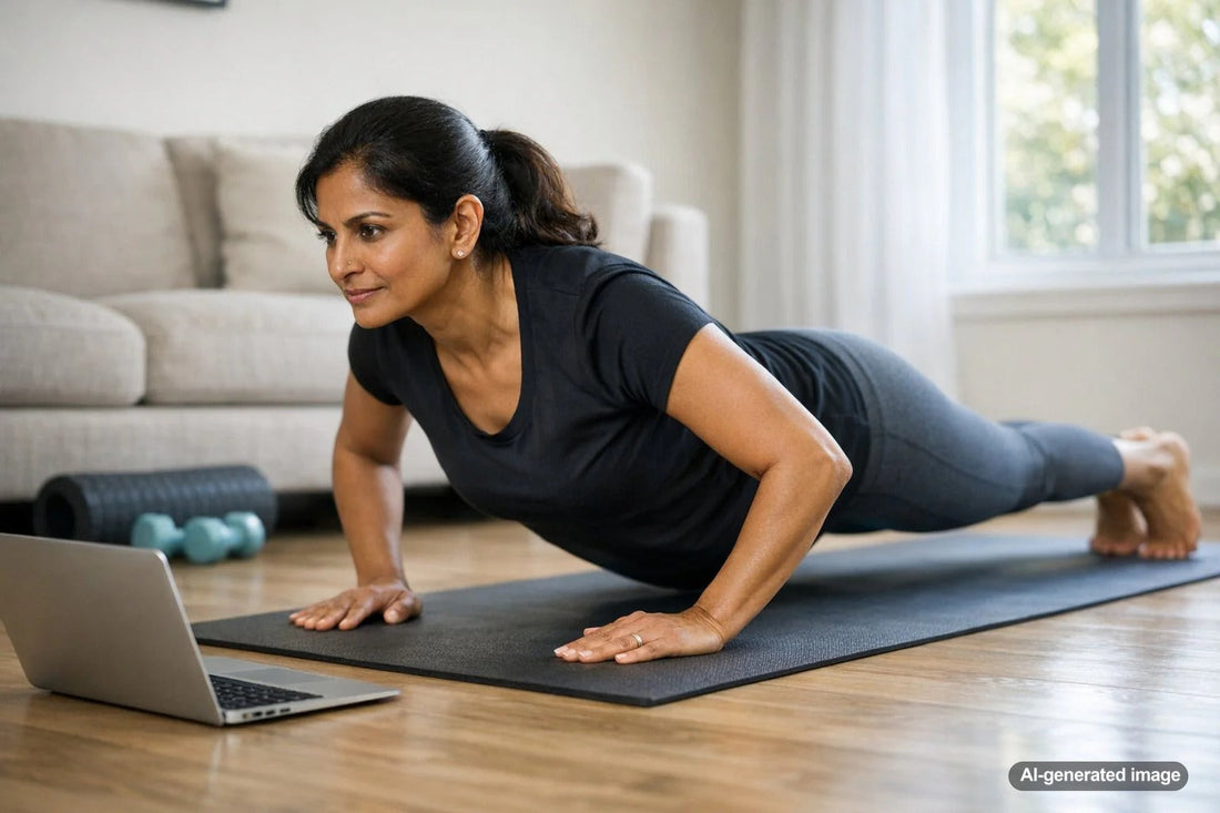 Adult demonstrating proper pushup form during a strength workout