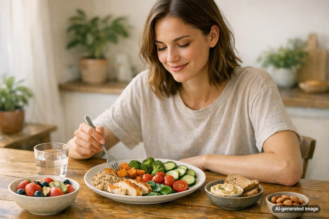 Healthy balanced meal prep on a kitchen counter representing practical nutrition without food obsession
