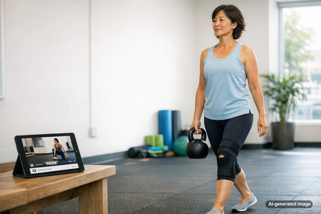 Coach demonstrating a knee-friendly exercise setup
