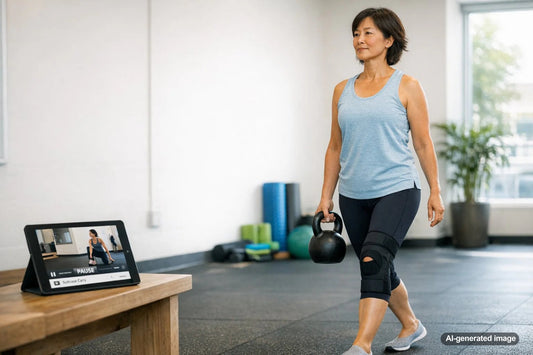 Coach demonstrating a knee-friendly exercise setup