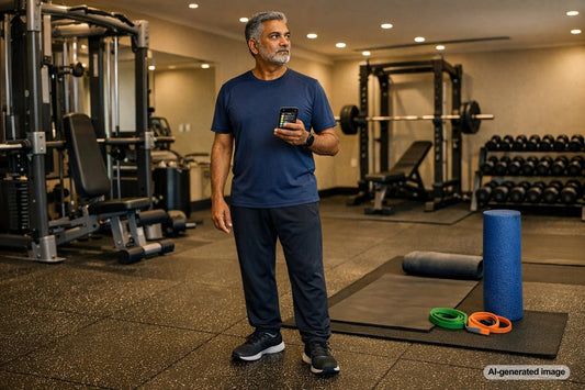 Traveler preparing for a workout at a gym while on a work trip