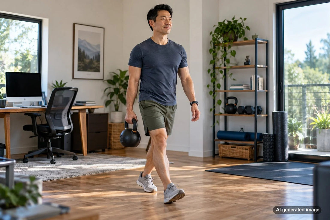 Adult working on hip extension mobility after prolonged desk work