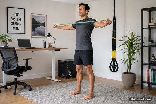 Adult practicing stronger neck posture while working at a desk
