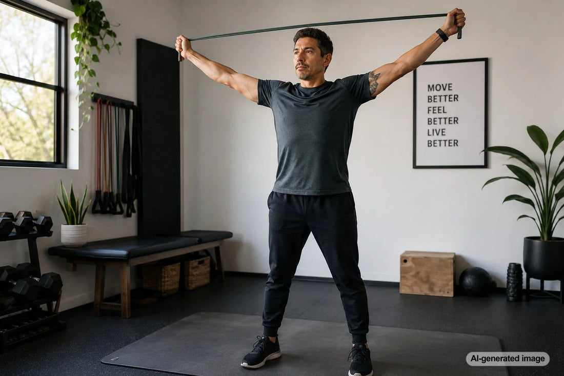 Person practicing controlled overhead shoulder mobility