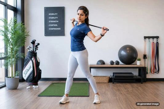 Golfer practicing controlled shoulder mobility in a private training studio