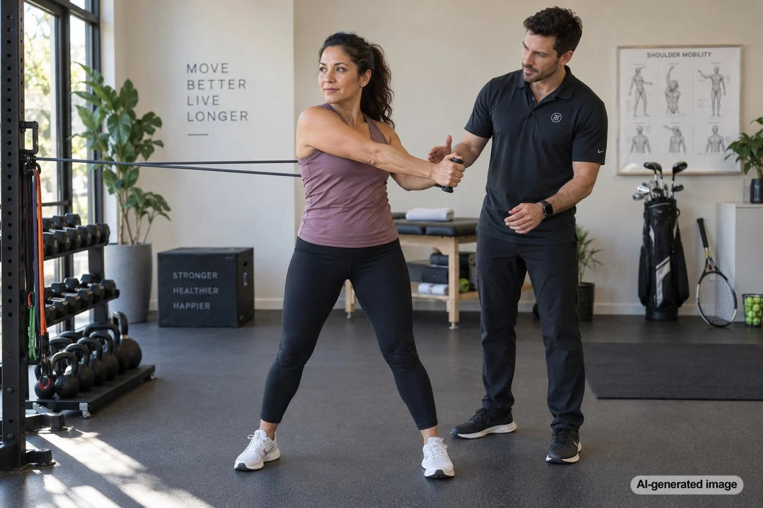 Adult performing a shoulder rotation mobility exercise for golf and tennis