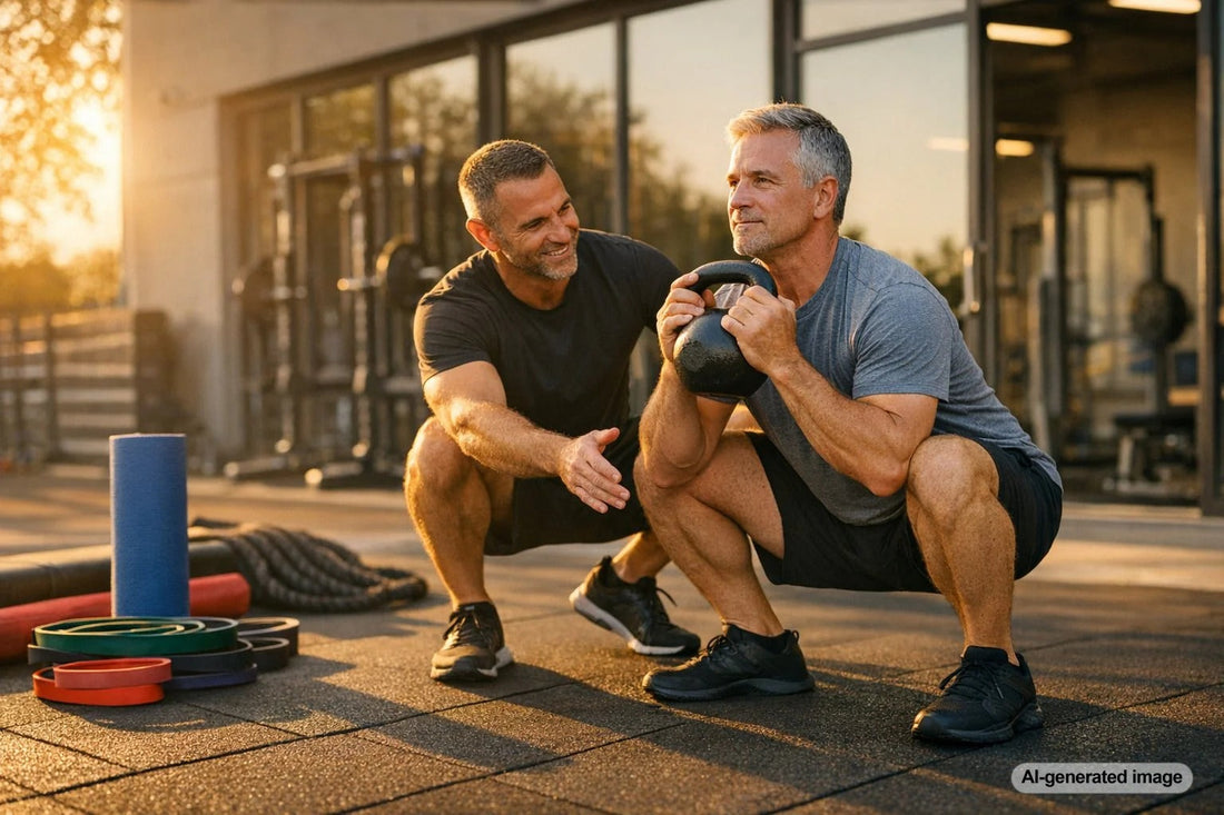 Adult performing a strength and mobility training exercise