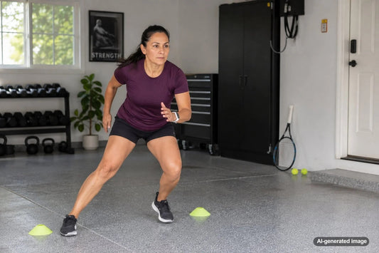 Adult tennis player practicing a quick first step on the court