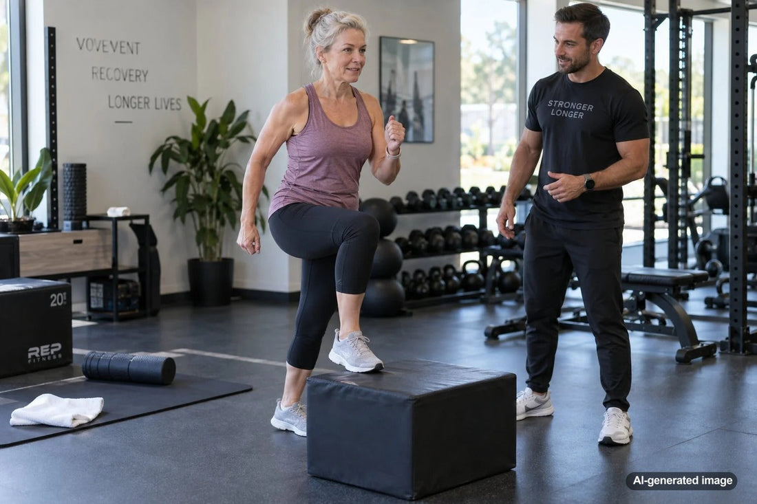 Adult over 60 practicing a fast controlled strength movement