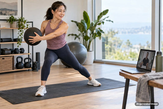 Adult over 50 practicing athletic movement during a strength training session