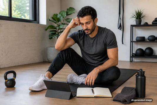 Adult reassessing a fitness goal in a private training studio